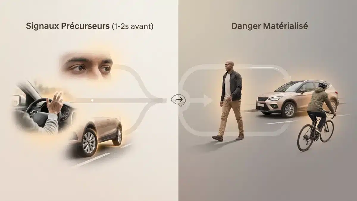 Conducteur observant le regard et la posture d'un piéton sur le trottoir pour anticiper un danger imminent.