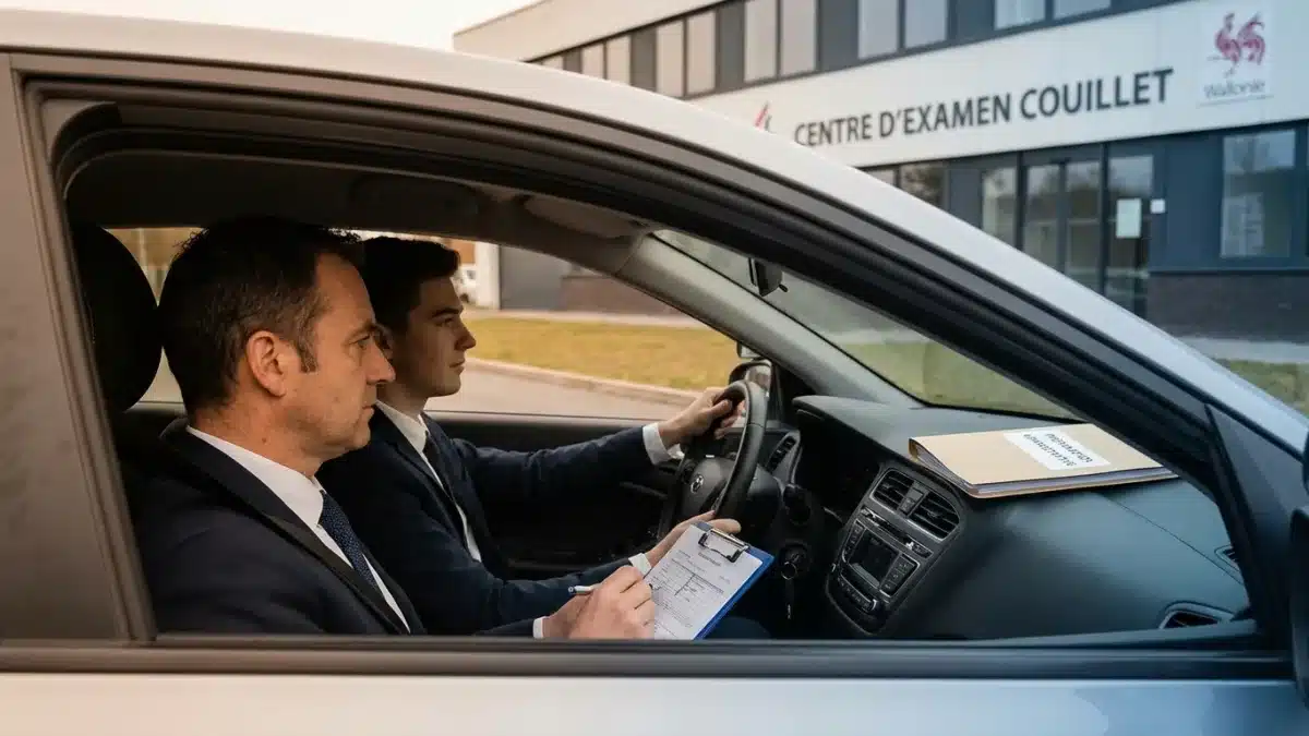 Un candidat prépare ses documents administratifs pour l'examen pratique de conduite au centre de Couillet.