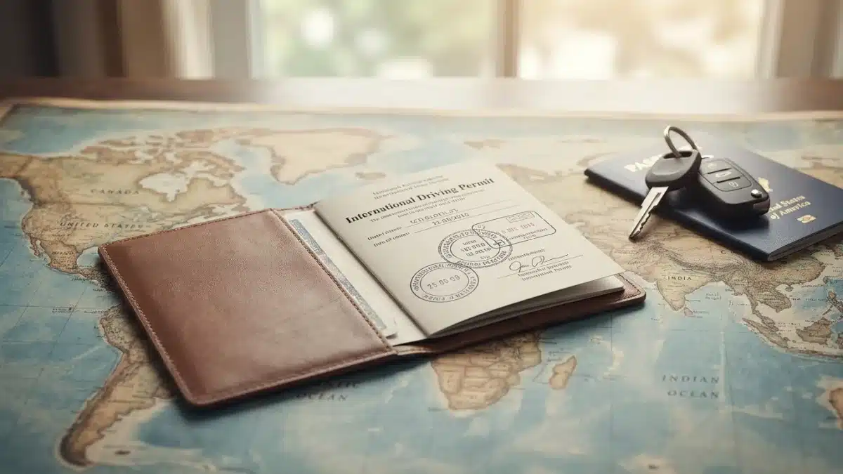 Un permis de conduire international posé sur une carte du monde avec des clés de voiture.