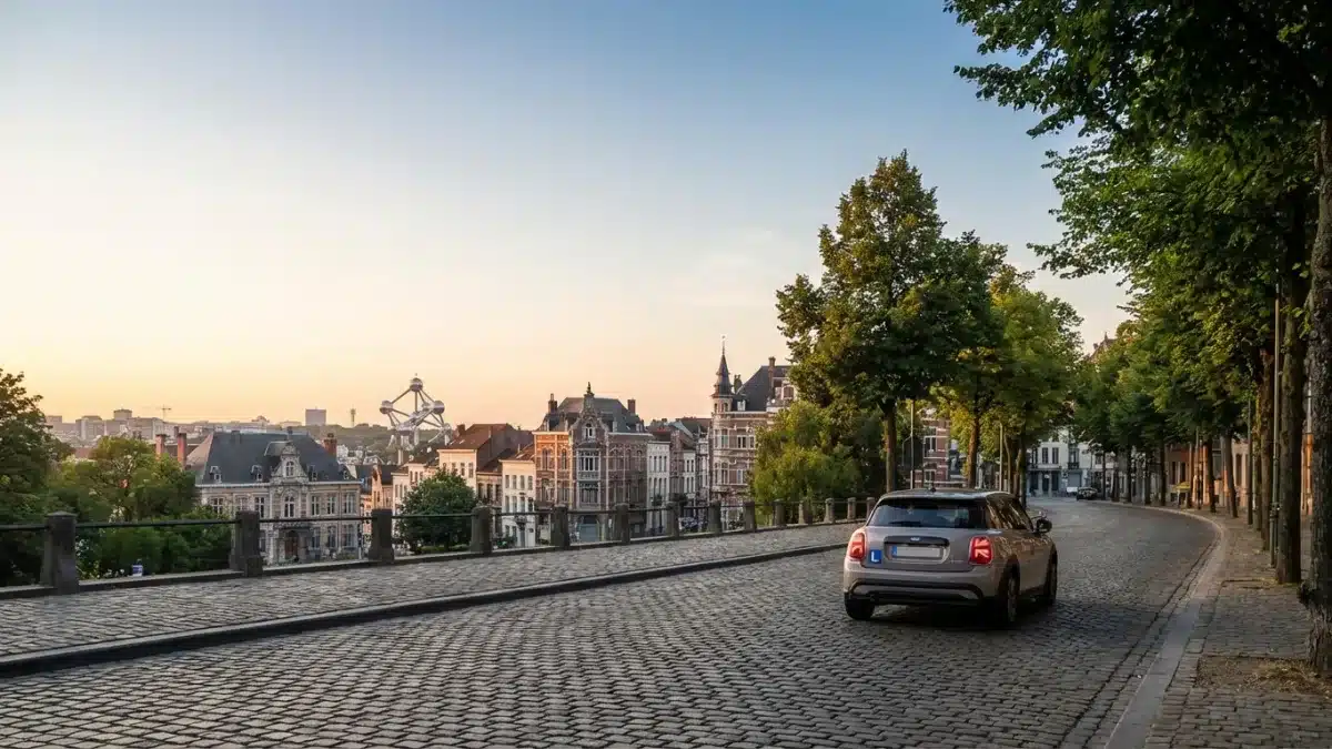 Candidat au volant d'une voiture naviguant sur un itinéraire d'examen pratique dans les rues de Bruxelles.