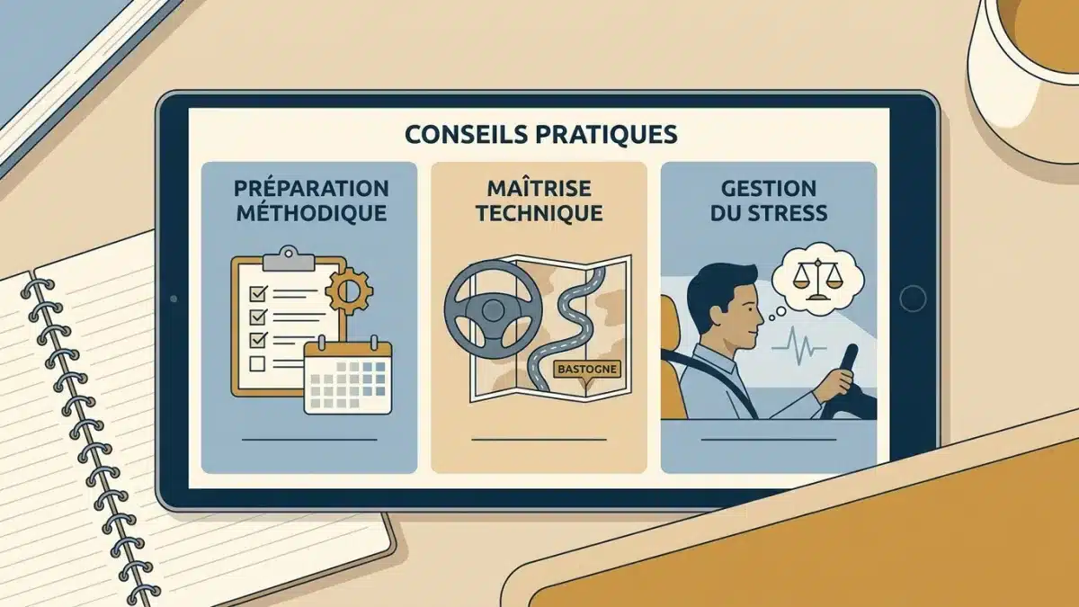 Un candidat au permis de conduire applique les conseils pratiques de son moniteur pour bien gérer son stress.