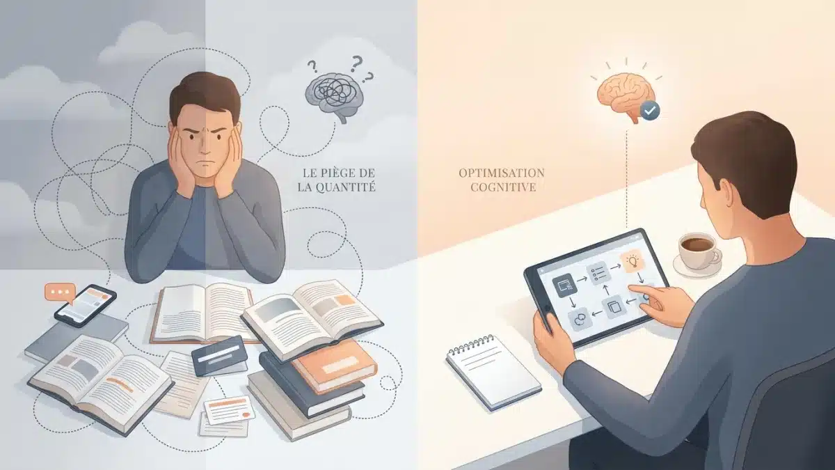 Un élève stressé devant son code de la route illustre les pièges cognitifs liés aux révisions.