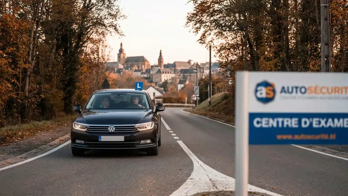 Voiture auto-école circulant près du centre d'examen de Bastogne pour préparer le permis pratique.