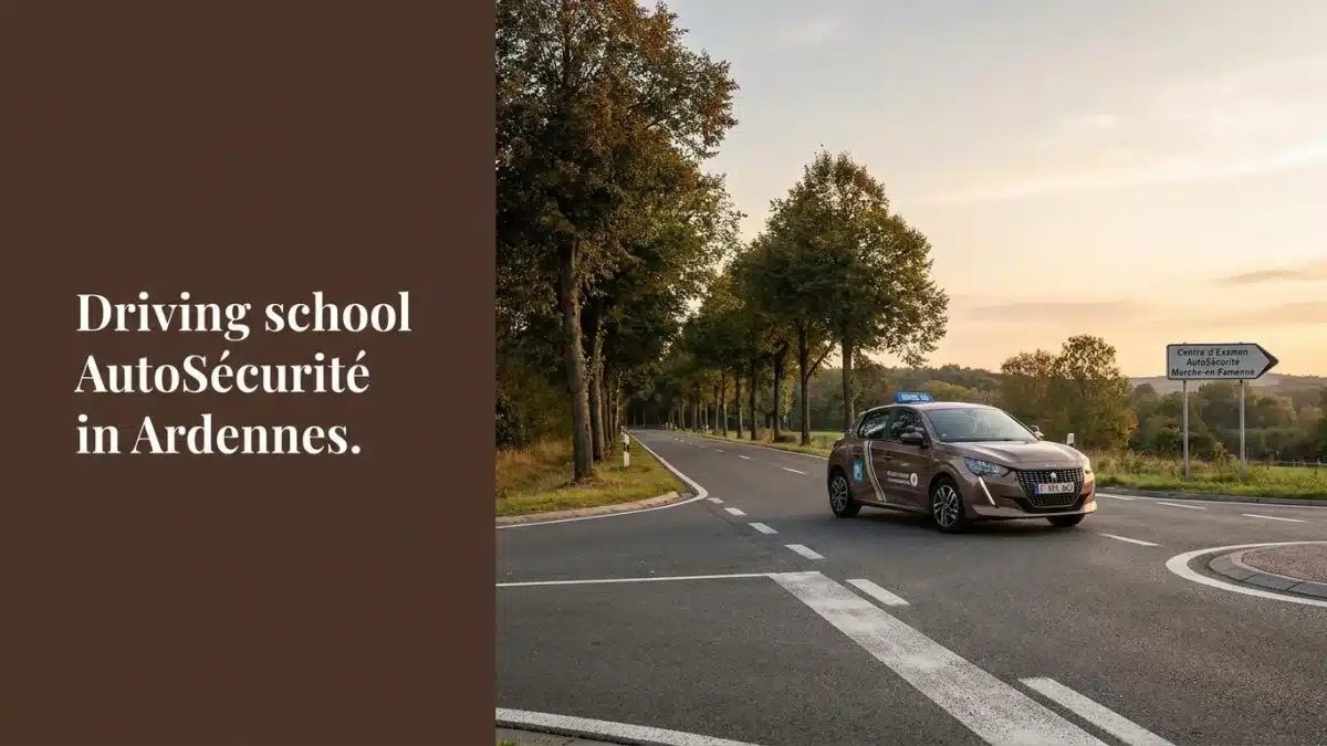 Voiture d'auto-école circulant près du centre d'examen de Marche-en-Famenne lors du permis pratique.